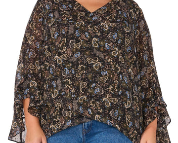 Vince Camuto Paisley V-Neck 3/4-Flutter-Sleeve Blouse Black Plus Size 2X MSRP$99