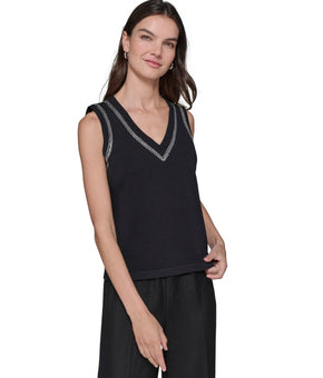 KARL LAGERFELD PARIS Embellished V-Neck Sleeveless Sweater Black Size XL MSRP$89