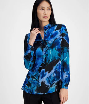 Anne Klein Women Printed Long-Sleeve Popover Tunic Blue Black Size XXS MSRP $89