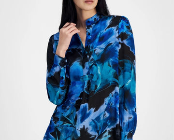 Anne Klein Women Printed Long-Sleeve Popover Tunic Blue Black Size XXS MSRP $89