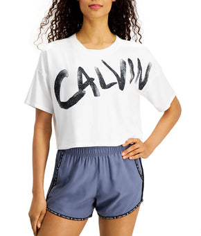 Calvin Klein Brushed-Logo Cropped Short T-Shirt White Size XL Cotton Modal