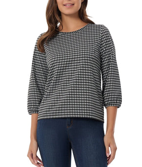 Jones New York Women's Shine Houndstooth 3/4-Sleeve Top Black Size L MSRP $60