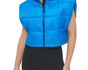 Calvin Klein Women's Cropped Mock-Neck Zip-up Vest Neon Blue Size L MSRP $80