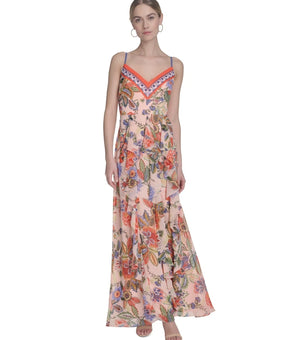 Eliza J Women's Printed V-Neck Ruffe-Trim Maxi V-neck Dress Orange Size 14 $198
