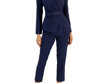 Tahari ASL Belted Asymmetrical Jacket & Slim-Fit Pantsuit Set Blue Size 4 $229