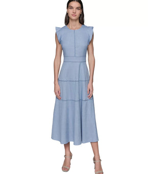 KARL LAGERFELD PARIS Lace-Inset Flutter-Sleeve Midi Dress Blue Size 10 MSRP$189