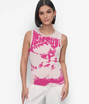 DKNY Petite Size PM Floral viscose Sweater-Knit Sleeveless Top Tankize Pink $79