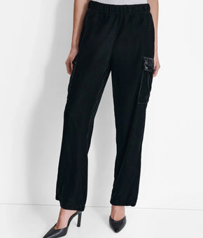 DKNY Women's High-Rise Wide-Leg Velvet Cargo Pants Black Size XL MSRP $109