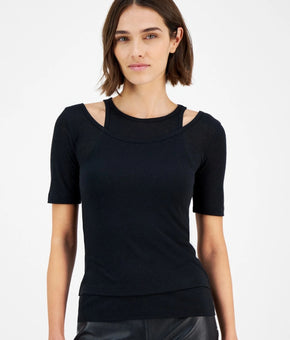 BOSS Orange Women's Slim Ribbed Layered-Look Short-Sleeve Top Black Size L $88