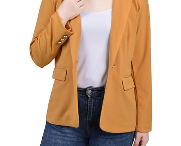 NY Collection Womens Petites Collar One-Button Blazer Size PS Yellow