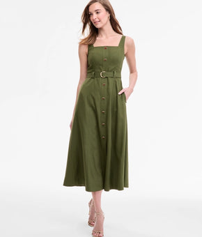 Taylor Women Square-Neck Button-Front A-Line Dress Olive Green Size 2 rayon $138