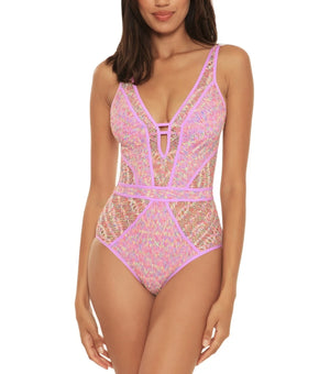 Becca Women's Reveal Crochet Plunge-Neck Swimsuit Purple Size S MSRP $118
