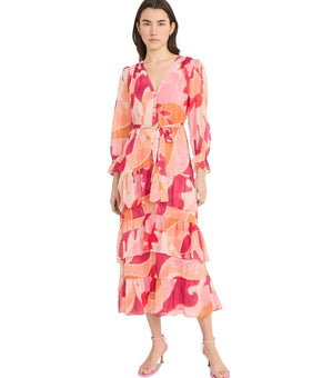Donna Morgan Women V-neck Floral-Print Belted Tiered Shirtdress Pink Size 8 $148