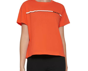 Dkny Sport Women's Cotton Logo-Stripe Cropped T-Shirt Orange Size M MSRP $40