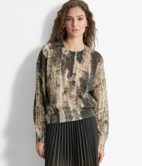 DKNY Women's Printed Round-Neck Long-Sleeve Sweater Black Size S MSRP $179