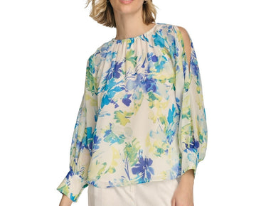 Calvin Klein Women Floral Gathered Cold-Shoulder Blouse GREEN Size XS MSRP $100