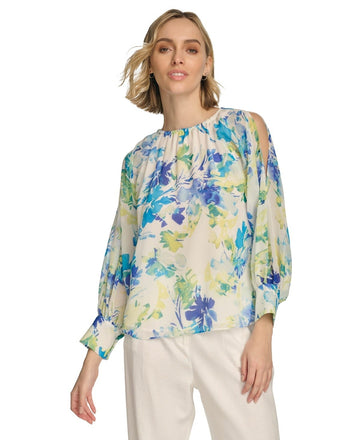 Calvin Klein Women Floral Gathered Cold-Shoulder Blouse GREEN Size XS MSRP $100
