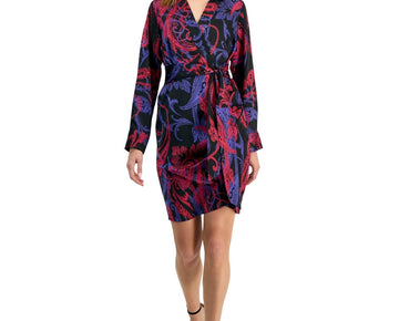 Tahari ASL Womens Printed Faux-Wrap Dress Black Blue Size 12 MSRP $139