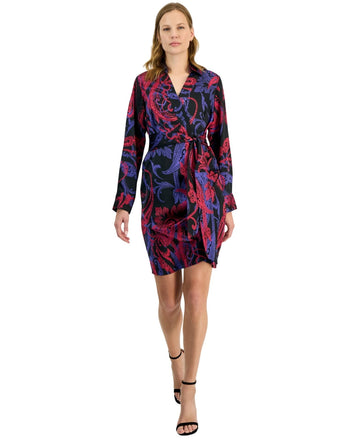 Tahari ASL Womens Printed Faux-Wrap Dress Black Cobalt Size 10 MSRP $139