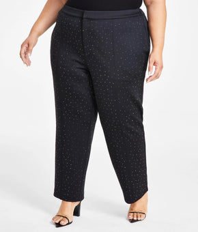Nina Parker Trendy Plus Size 26W Studded Scuba Straight-Leg Pants Black $99