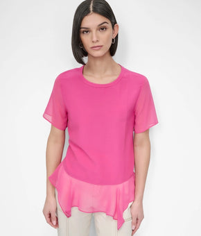 DKNY Women Round neck Asymmetrical Handkerchief-Hem Top viscose Pink Size M $79