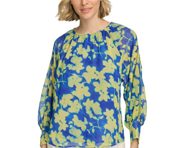 Calvin Klein Women's FloralGathered Cold-Shoulder Blouse BLUE Size S MSRP $90