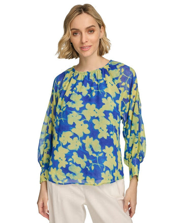 Calvin Klein Women's FloralGathered Cold-Shoulder Blouse BLUE Size S MSRP $90