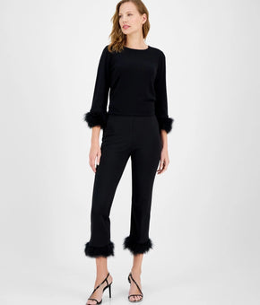 Anne Klein Pull-On Hollywood Feather-Trim-Cuff Pants Black Size XXS MSRP $99