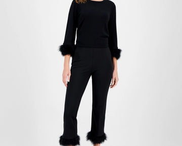Anne Klein Pull-On Hollywood Feather-Trim-Cuff Pants Black Size XXS MSRP $99