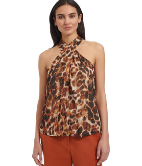 Calvin Klein Women's Printed Crisscross Halter Top Brown Size XL MSRP $69