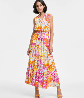 MSK Women's Rayon Floral Ruffle-Collar Tiered Maxi Dress Pink Orange Size L $79