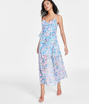 Bar III Petite Floral-Print Ruffled Maxi Dress Blue Size 14P MSRP $70