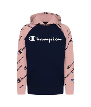 CHAMPION Big Boys Diagonal Script Raglan Fleece Hoodie Navy Size M