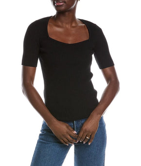 Hugo BOSS womens Rib Sweater Top Short Sleeves, Black Size M MSRP $148