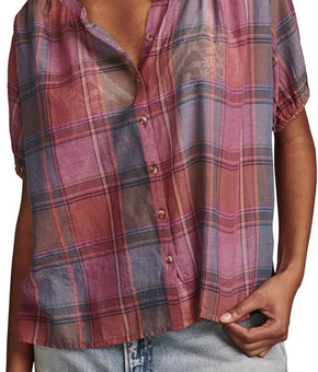 Lucky Brand Women's Cotton Plaid Smocked-Shoulder Blouse Pink Size XL MSRP $80
