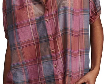 Lucky Brand Women's Cotton Plaid Smocked-Shoulder Blouse Pink Size XL MSRP $80