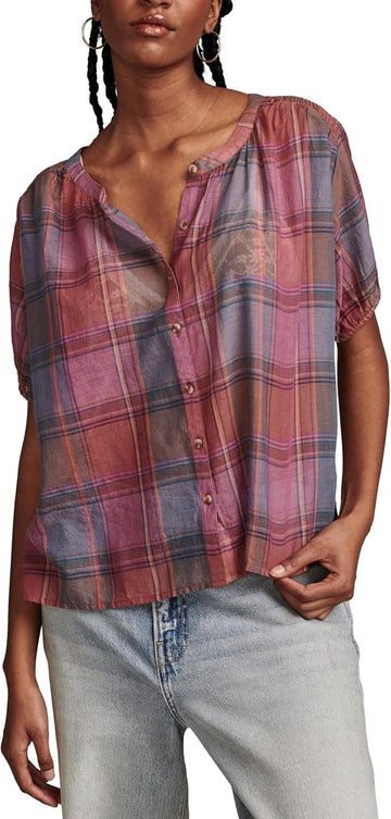 Lucky Brand Women's Cotton Plaid Smocked-Shoulder Blouse Pink Size M MSRP $80