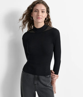 DKNY Women's Mock-Neck Sheer-Detail Long-Sleeve Sweater Black Size M MSRP $89