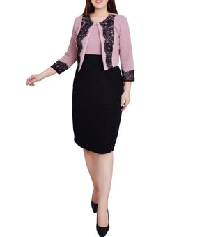 NY Collection Petite Lace 2Piece Textured Knit Dress Set Pink Black Size 12P $62