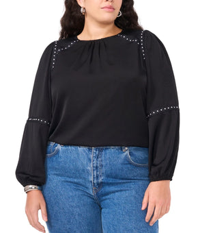 Vince Camuto Women's Plus Size Studded Blouson-Sleeve Top Black SIze 1X MSRP $99