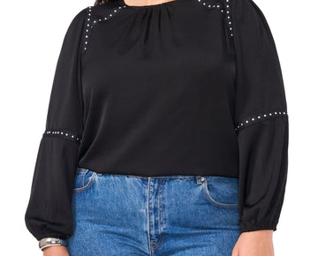 Vince Camuto Women's Plus Size Studded Blouson-Sleeve Top Black SIze 1X MSRP $99