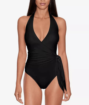 Ralph Lauren BLACK Halter Side-Tie Tummy Control One Piece Swimsuit SZ 8 $144