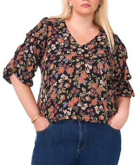 Vince Camuto Women Printed V-Neck Bubble Sleeve Top Black Plus Size 1X MSRP $99