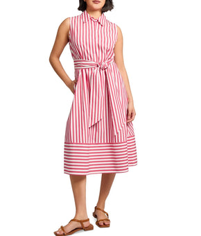 Jones New York Red Striped Tie-Waist Sleeveless Midi Shirtdress Size M $120