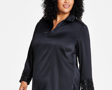 Anne Klein Plus Size Long-Sleeve Embellished-Cuff Blouse Black Size 1X MSRP $129