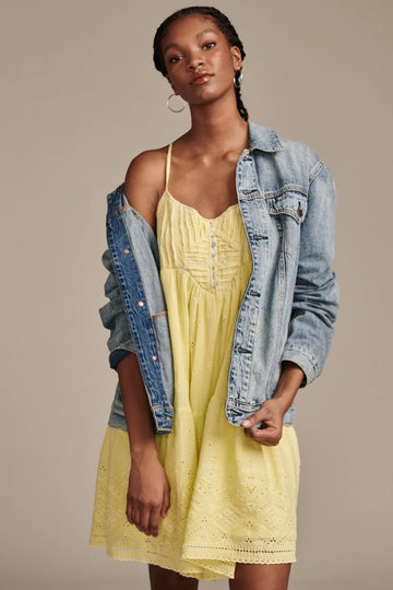 Lucky Brand pintuck bodice tiered mini dress Lemon Yellow Size L MSRP $119