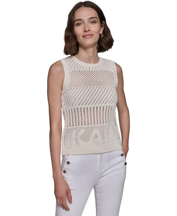 KARL LAGERFELD PARIS Women Crochet Sweater Tank Top Soft White Size XL MSRP $79