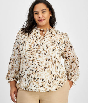 Bar Iii Printed Tie-Neck Split neckline Blouse Brown Beige Plus Size 2X $79 SALE
