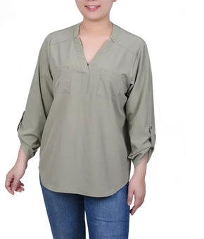 NY Collection Roll Tab Sleeve Blouse with Pockets Tea Green Petite Size PM