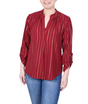 NY Collection Petite Size PXL Roll tab sleeves Foil Striped Blouse Dark Red